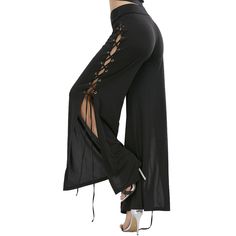 Side Slit Lace Up Palazzo Pants - Black - 3024361413 - Original Design-Women's Clothing  #OriginalDesignWomensClothing #Original #DesignWomen's #Clothing Black Palazzo Pants, Solid Color Pants, Womens Clothes, Cheap Fashion, Palazzo Pants, Upcycle Clothes, On The Side, Vintage Dress, Designer Outfits Woman