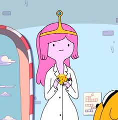 a cartoon character with pink hair wearing a white coat and holding a star in her hand