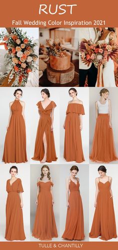 a collage of photos showing different styles of bridesmaid gowns and dresses