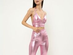 Metallic bell bottoms pants and crop set are extremely stunning with wonderful pink color! At all dance and music parties, especially rave and parties, festivals, birthdays, bachelorette parties and nightclubs... Wherever you want to shine, it's the perfect choice for you. With metallic flare pants, you can easily adapt to the parties of the 1970s and 1980s. You can choose our hanging crop or bell sleeve crops. For purchase as separate parts, please visit our page. The inner seam length is prepa Pink Fitted Dancewear Bottoms, Fitted Pink Dancewear Bottoms, Pink Dancewear Bottoms For Dance, Disco Style Bottoms For Summer Costume Party, Disco Style Bottoms For Spring Costume Party, Pink Bottoms For Costume Party In Summer, Pink Bottoms For Summer Costume Party, Stretch Summer Party Sets, Stretch Party Sets For Summer