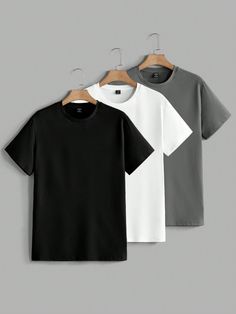 Men's Summer 3pcs Solid Color Round Neck Short Sleeve Casual T-Shirt Dark Grey Casual    Plain  Slight Stretch  Men Clothing, size features are:Bust: ,Length: ,Sleeve Length: Round Neck T Shirts For Men, Flatlay Photography Clothing, Harajuku Street Style, Mens Smart Casual Outfits, Men Fashion Casual Shirts, Tech T Shirts, Mens Casual Dress Outfits, Guys Clothing Styles, Quick Outfits