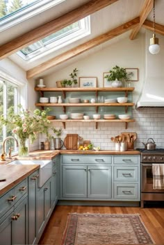 a kitchen filled with lots of counter space and wooden shelves above the stove top oven