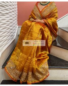 Fiery Gold Zari Tissue Zarina Saree – kreationbykj Orange Colour Saree, Reception Saree Look, Western Saree, Saree Colours, 100 Challenge, Crazy Lipstick, Dress Designs For Stitching, Velvet Saree, Mirror Work Saree