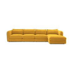 a yellow sectional couch with pillows on the top and bottom, in front of a white background