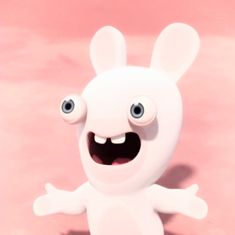 a white toy with big eyes and a smile on it's face, standing in front of a pink background