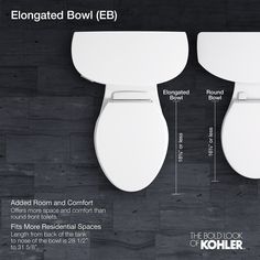 The Highcliff Ultra floor-mount flushometer bowl features a revolutionary flushing engine and refined aesthetic design. Measuring 16-7/8-in to the top of the rim, the Highcliff Ultra meets both ADA and CSA height requirements. The Ultra engine represents a breakthrough in flush performance, tolerating a wide range of water supply conditions found in R and R and new construction. The Highcliff Ultra is listed from 1.1 to1.6 GPF but can operate at 1.0 GPF. It performs well at every flush interval, Kohler Memoirs, Master Bath Redo, Kohler Toilet, Bath Redo, Elongated Toilet, New Toilet, Chair Height, Heated Seat, Streamline Design