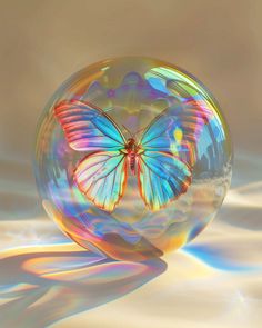 a colorful butterfly sitting on top of a glass ball in the air with its wings spread out