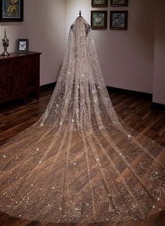 the back of a wedding dress is covered with sparkling sequins and sits on a wooden floor