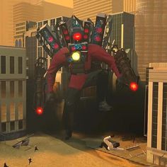 a giant robot standing in the middle of a city with lots of birds flying around