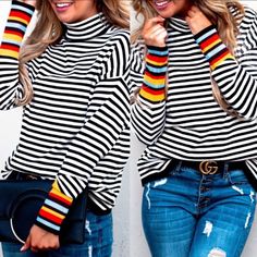 Stripes Long Sleeve Top 35% Cotton+ 65% Polyester Chic Striped Tops For Fall, Multicolor Winter Tops For Day Out, Multicolor Tops For Fall Day Out, Long Sleeve Striped Top, Striped Long Sleeve, Top Tee, Long Sleeve Top, Long Sleeve Tops, Long Sleeve Tees