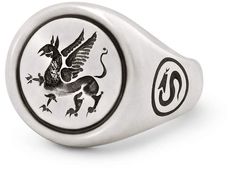 Snake Bones Griffin Signet Ring In Sterling Silver Symbolic Intaglio Engraved Ring, Symbolic White Gold Signet Ring, Symbolic Engraved White Gold Signet Ring, Silver Elegant Intaglio Signet Ring, Elegant Silver Signet Ring With Intaglio, Symbolic Polished Open Signet Ring, Symbolic Polished Signet Ring With Open Design, Symbolic Open Signet Ring With Polished Finish, Silver Symbolic Intaglio Ring