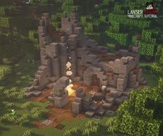 an image of a castle in the middle of some trees and bushes with fire coming out of it