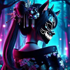 a woman with black makeup and cat mask on her head standing in the dark forest