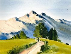 a painting of a man walking down a dirt road in front of a mountain range