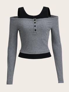 Grau Lässig Collar Langärmelig Strickstoff Farbblock  Embellished Leicht-dehnbar Shein Tops, 2000s Fashion, Outfits Casuales, Look Cool, Fashion Online Shop, Aesthetic Clothes, Pretty Outfits