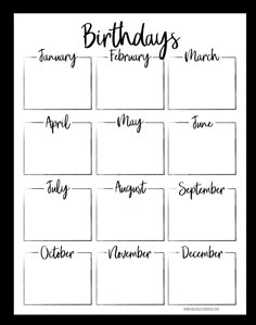 the printable calendar for birthdays is shown in black and white, with handwritten lettering