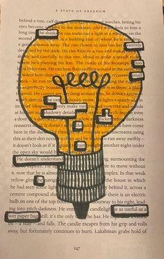 an open book with a drawing of a light bulb on it