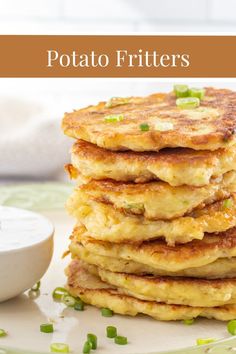 Stack of potato fritters sprinkled with sliced chives next to a bowl of sour cream. Apple Fruit Salad Recipe, Potatoe Fritters, Potatoes Fritters, Apple Fruit Salad, Spinach Butternut Squash, Potatoe Pancakes, Crispy Brussels Sprouts, Easy Fast Dinner Recipes, Deep Fried Appetizers