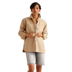 The ideal spring-to-summer jacket, crafted in a midweight cotton twill. Tonal embroidery and flattering side slits lend a feminine feel to the workwear-inspired silhouette. Ranchester Jacket | Women's Ranchester Jacket in Savannah Tan Cotton Twill, Size: Large by Ariat Spring Cotton Shacket For Workwear, Classic Cotton Outerwear For Daywear, Spring Cotton Shacket For Work, Cotton Button-up Outerwear For Daywear, Fall Cotton Outerwear For Daywear, Spring Classic Cotton Shacket, Beige Cotton Shacket For Spring, Spring Beige Cotton Shacket, Spring Daywear Outerwear With Patch Pockets