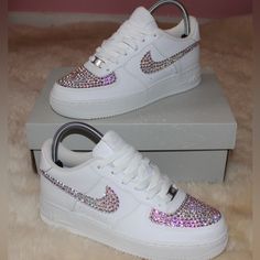 These Sneakers Are Custom Made With Authentic Swarovski Crystals. Worn Once For A Few Minutes. No Signs Of Wear. Custom Nike Shoes Women, Bedazzled Air Force Ones, Nike Shoes Custom, Swarovski Nike, Shoe Hacks, Candy Dress, Custom Bling, Shoes Hack, Custom Nike Shoes