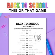 the back to school game is shown on a purple background