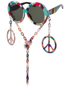 Far out, man! These super fun sunnies are the physical embodiment of Peace, Love, and Fabulous! Made of a round, multicolored frame with an all-over geometrical pattern these sunnies are the perfect accessory for bringing the bohemian hippie vibes with you everywhere you go! The stems have removable hanging colorful peace sign tassels at the temple and a removable, multicolored acrylic chain that can also be worn as a groovy mask chain. These fabulous sunnies ship with a cleansing cloth and prot Playful Multicolor Sunglasses For Spring, Fun Multicolor Sunglasses For Spring, Fun Multicolor Spring Sunglasses, Bohemian Sunglasses For Summer Parties, Playful Multicolor Sunglasses With Gradient Lenses, Fun Multicolor Plastic Sunglasses, Bohemian Summer Sunglasses With Gradient Lenses, Bohemian Sunglasses With Gradient Lenses For Summer, Adjustable Retro Sunglasses For The Beach