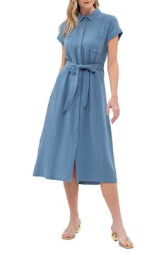 Feel your finest in this contemporary midi shirtdress featuring a button front closure and soft waist belt. 48 1/2" length Spread collar Front button closure Chest patch pockets Removable waist tie 100% cotton Hand wash, dry flat Imported Cotton Shirt Dress, Daytime Dresses, A Button, Shirtdress, Dusty Blue, Waist Belt, Waist Tie, Sundress, Nordstrom Rack