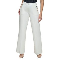 A Fresh Take On Classic Sailor-Style Pants, Tommy Hilfiger's Wide-Leg Trousers Feature Utility Pockets Detailed With Oversized Buttons. Approx. Model Height Is 5'10" And She Is Wearing A Size 4 Approx. Inseam: 32-1/2" High Rise; Straight Fit Through Hips And Thighs; Wide Leg Button Closure With Zip Fly; Belt Loops Sailor-Style Buttons At Front Pockets Utility Pockets At Hips; Welt Pockets At Back Polyester (32% Recycled), Rayon, Spandex Dry Clean Imported High-waisted Pants With Button Cuffs For Summer, Chic Wide-leg Pants With Button Cuffs, Chic Wide Leg Pants With Button Cuffs For Spring, Chic Workwear Pants With Button Zip Fly, Spring Trousers With Button Zip Fly, Wide Leg Pants With Buttons For Work, Wide Leg Pants With Button Closure For Spring, Wide Leg Bottoms With Snap Buttons For Spring, Spring Wide Leg Bottoms With Snap Buttons