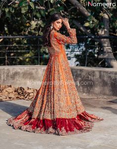 Buy Traditional Pishwas Lehenga Orange Bridal Dress available Online in the USA. This stunning Pakistani Bridal Dress can be customized. Fast Shipping Orange Bridal Dress, Bridal Pishwas, Nameera By Farooq, Bridle Dress, Bridal Anarkali, Wedding Day Dresses, Pakistani Bridal Dress, Eid Dress, Balochi Dress