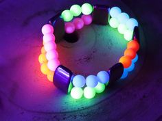 UV Reactive Fluorescent Beaded Double row Bracelet. Holographic Beads and Mixed Fluorescent Neon Beads Acrylic Round Beads. Uv Reactive, Ultra Violet