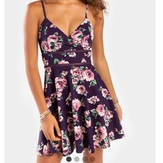 Deep Purple Dress Pink Flowers With Green Leaves Fit And Flare V Neck And Spaghetti Straps Perfect For Spring! Nwt Size Medium Summer Floral Print Mini Dress In Purple, Purple Floral Print Mini Dress For Summer, Flirty Purple Dress With Floral Print, Flirty Purple Floral Print Dress, Purple Floral Print Dress With Spaghetti Straps, Purple Floral Print Mini Dress With Spaghetti Straps, Purple Sundress For Date Night, Deep Purple Dress, Starry Night Dress