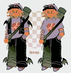 two cartoon characters with backpacks on their backs, one holding a guitar and the other carrying a bag