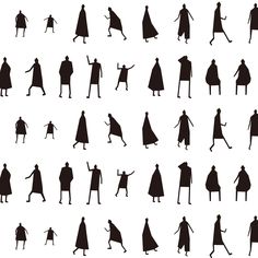 the silhouettes of people in capes and cloaks are shown on a white background