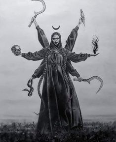 a black and white drawing of a person with two hands in the air, holding several objects