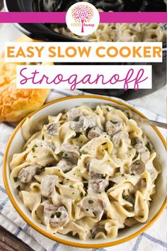 an easy slow cooker stroganonof recipe with pasta and mushrooms in it