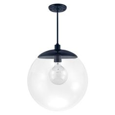 a black and clear light fixture with a glass ball hanging from it's side