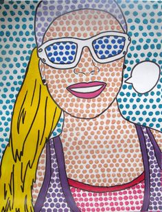 a painting of a woman with sunglasses and an apple on her shoulder, in front of a polka dot background