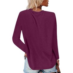 Purple Red Cotton Blend Long Sleeve Top with Pocket Fall Plain Crew Neck Blouse, Fall Crew Neck Plain Blouse, Fall Season Plain Crew Neck Blouse, Plain T-shirt For Fall, Plain Fall T-shirt, Oversized Red Solid Color Tops, Oversized Solid Red Tops, Casual Burgundy Long Sleeve Tops, Purple Crew Neck Blouse For Fall