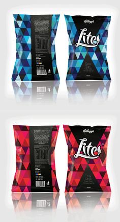 three bags of chips with different designs and colors on the front, back and side