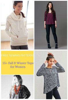 four different women's sweaters with the text free sewing patterns for fall and winter tops