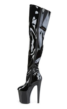 8" Spike Heel P/F BootsHEEL/PLATFORM : 8" Heel, 4" PFFIT GUIDE : True to sizeVEGAN : Yes Fitted Thigh High Patent Leather Boots, Black Thigh High Heeled Boots For Club, Black Over-the-knee Platform Boots For Club, Black Thigh High Boots, Black Thigh High, Pleaser Shoes, Spike Heels, Shoe Closet, Thigh High Boots