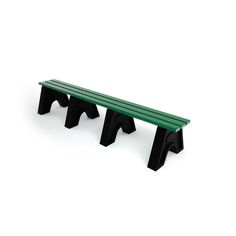 a green bench sitting on top of a white floor next to a black base and legs