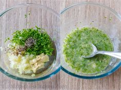 two bowls filled with different types of food and one bowl has something green in it