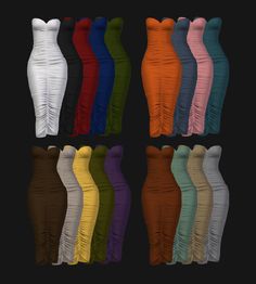 six different colored dresses on a black background, each with one side draped over the other