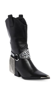 Rhinestone fringe lends extra sparkle and shake to this tall boot with plenty of Western flair from the pointy toe to the curved opening. Synthetic upper, lining and sole Imported Asian & Pacific Islander Owned/Founded Vuarnet Sunglasses, Pacific Islander, Rhinestone Fringe, Azalea Wang, Western Booties, Tall Boot, Straw Bags, Flip Flop Slippers, Designer Crossbody Bags