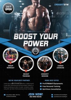 a flyer for a bodybuilding gym with an image of a man in the background