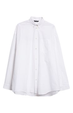 Balenciaga branding spans shoulder to shoulder beneath the back yoke of this button-down shirt cut in an oversized silhouette that befits the logo's length. 31" front length; 33" back length (size 2) Front button closure Button-down collar Long sleeves with button cuffs Chest patch pocket Curved hem 100% cotton Machine wash, line dry Imported Designer Clothing Classic Oversized Cotton Blouse, Oversized Classic Cotton Blouse, Classic Oversized Shirt For Daywear, Oversized Cotton Blouse For Formal Occasions, Oversized Classic Blouse, Classic Oversized Blouse, Oversized Classic Blouse For Daywear, Classic Oversized Blouse For Daywear, Classic Oversized Tops With Button Closure