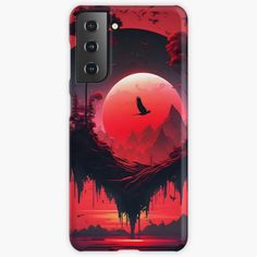 a phone case with an image of a bird flying in front of a red moon