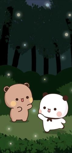 two cartoon bears standing in the woods at night