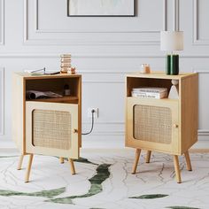 two wooden side tables sitting next to each other on top of a carpeted floor